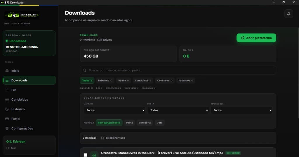 BRS Downloader — tela Downloads com filtros e organização