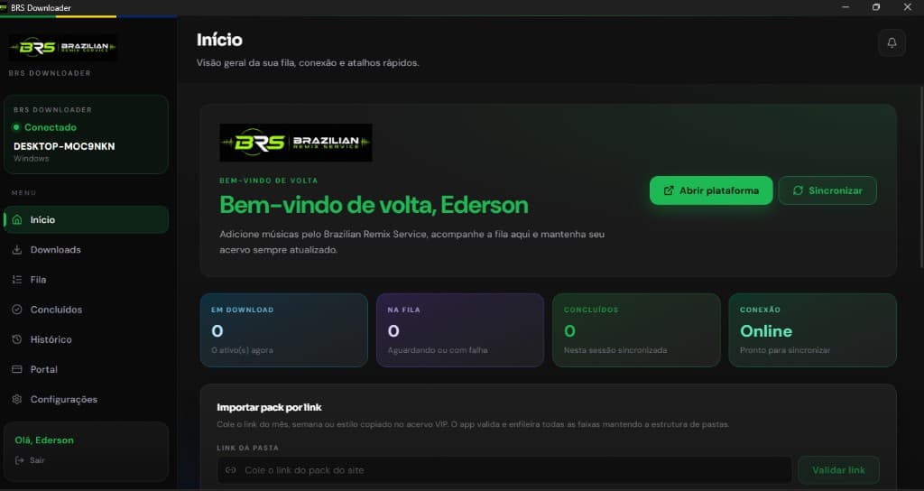 BRS Downloader — tela Início com fila, conexão e atalhos